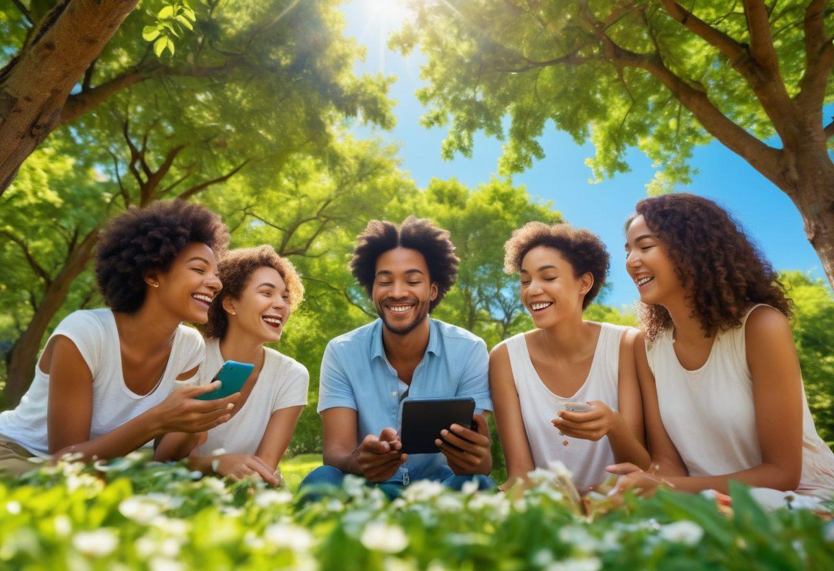 A serene and uplifting scene depicting a diverse group of people using voice technology devices in a sunny park, engaging positively with one another. In the background, vibrant flowers and trees symbolize growth and happiness, while a clear blue sky represents optimism. Incorporate soft glowing elements to symbolize the connection between technology and authentic happiness. super-realistic. vibrant colors. warm ambiance.
