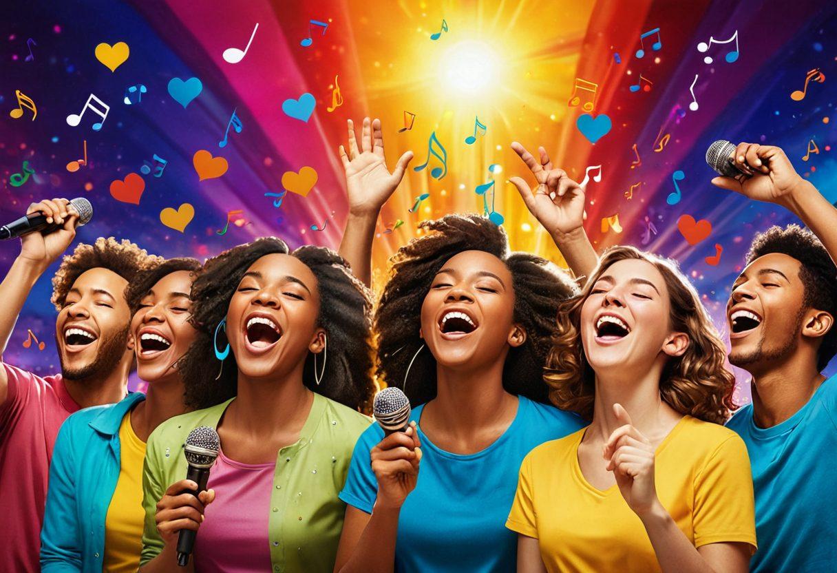 A serene scene showcasing a diverse group of individuals expressing joy through vocal performance, surrounded by colorful musical notes swirling around them. Include elements like microphones, happy facial expressions, and soft light illuminating their faces, radiating warmth and positivity. Abstract representations of happiness, such as glowing hearts or sunshine, can be incorporated in the background. vibrant colors. super-realistic.